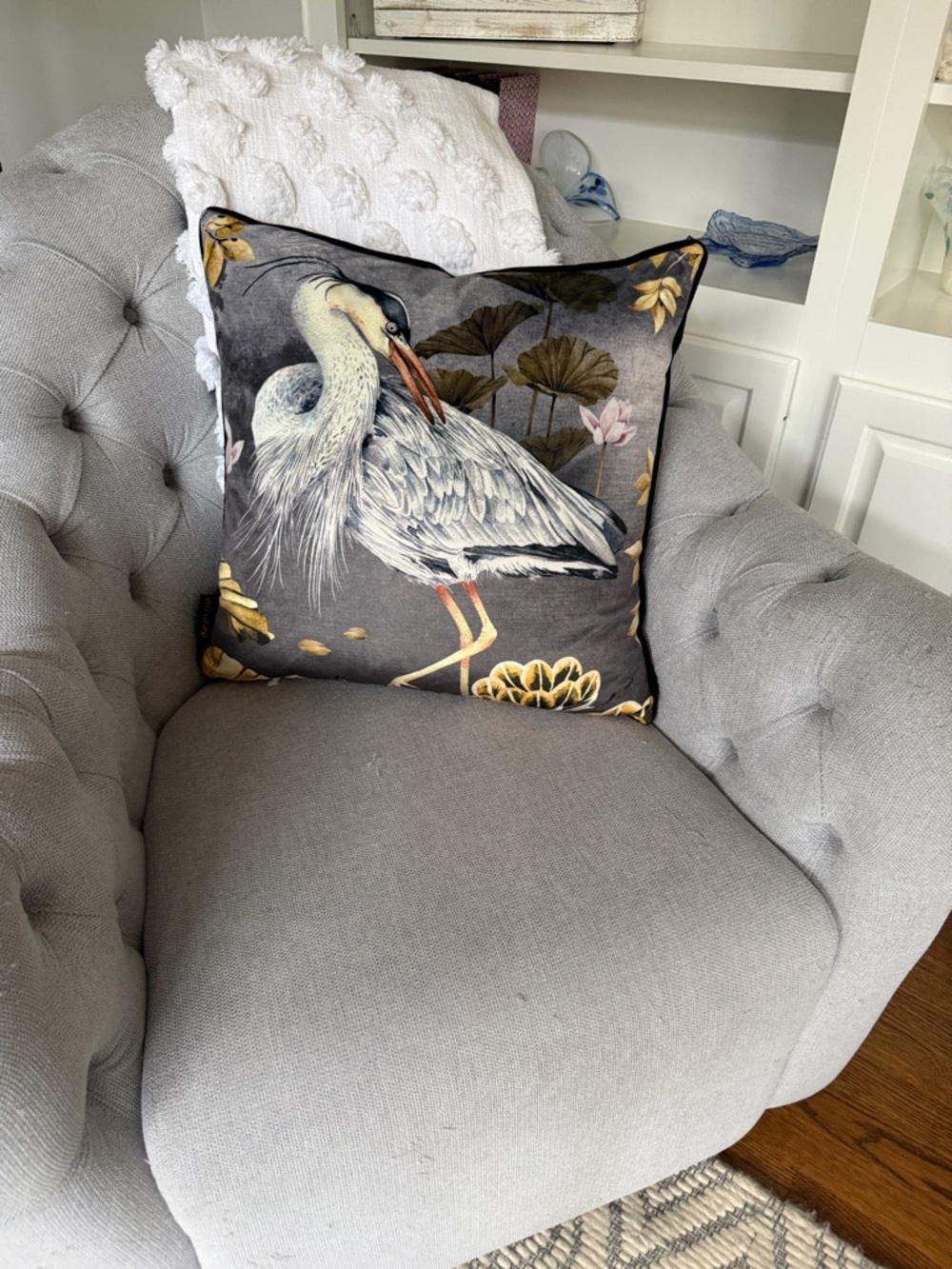 Avalana Midnight Orient Piped Velvet Pillow of Great Blue Heron with Insert